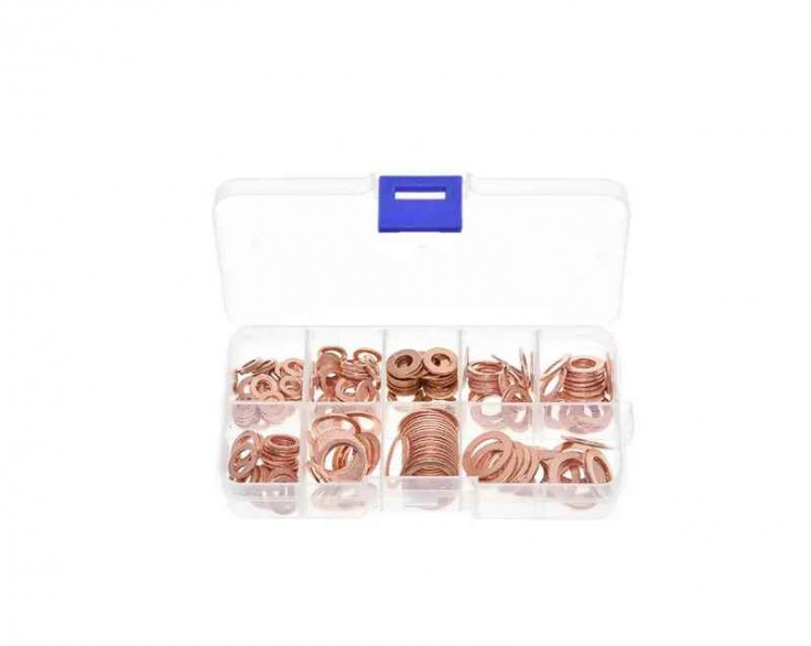Набір мідних шайб, метричні у пластиковому боксі, 110 шт Набір мідних шайб, метричні у пластиковому боксі, 110 шт